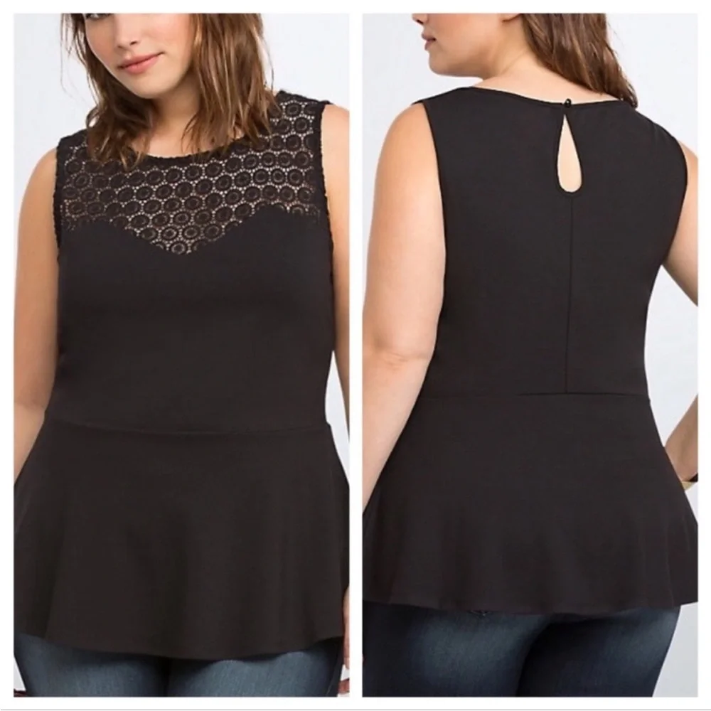 TORRID black crochet peplum sleeveless blouse flattering WitchyCore plus size